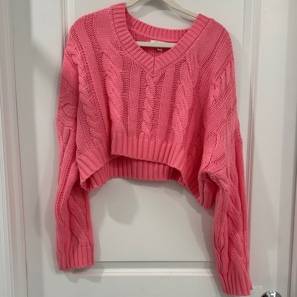 Vibrant Pink V-Neck Cable Knit Sweater